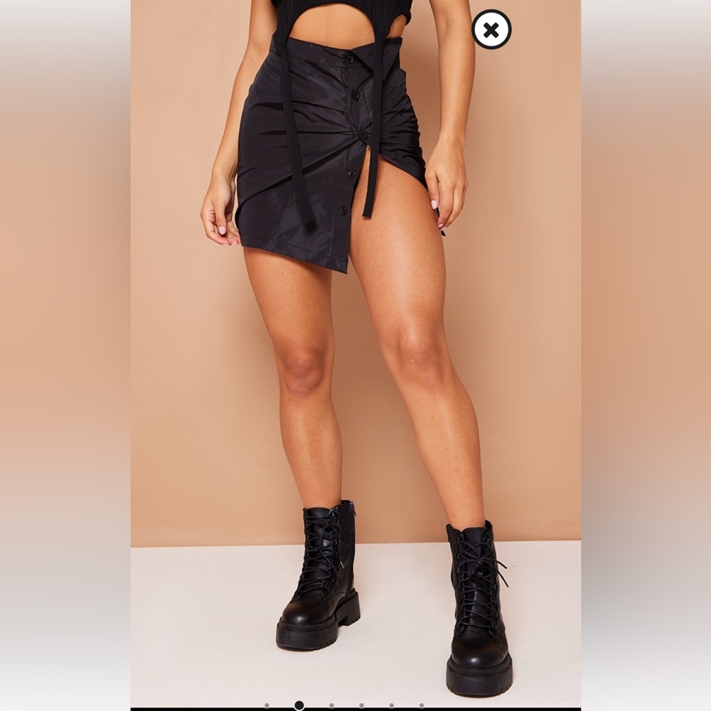 Pretty Little Thing Black Shell Fold Over Waistband Button Up Mini Skirt